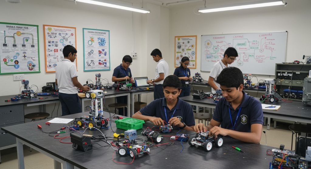 A large robotics workshop at a partner school in Jharkhand